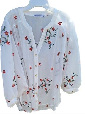 Anthropologie Figueroa & Flower Blouse Top Boho Floral Embroidered Tunic White L